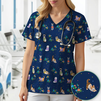 Cute Watercolor Cat Pattern Scrub Top, Comfortable Scrubs for Nurses
