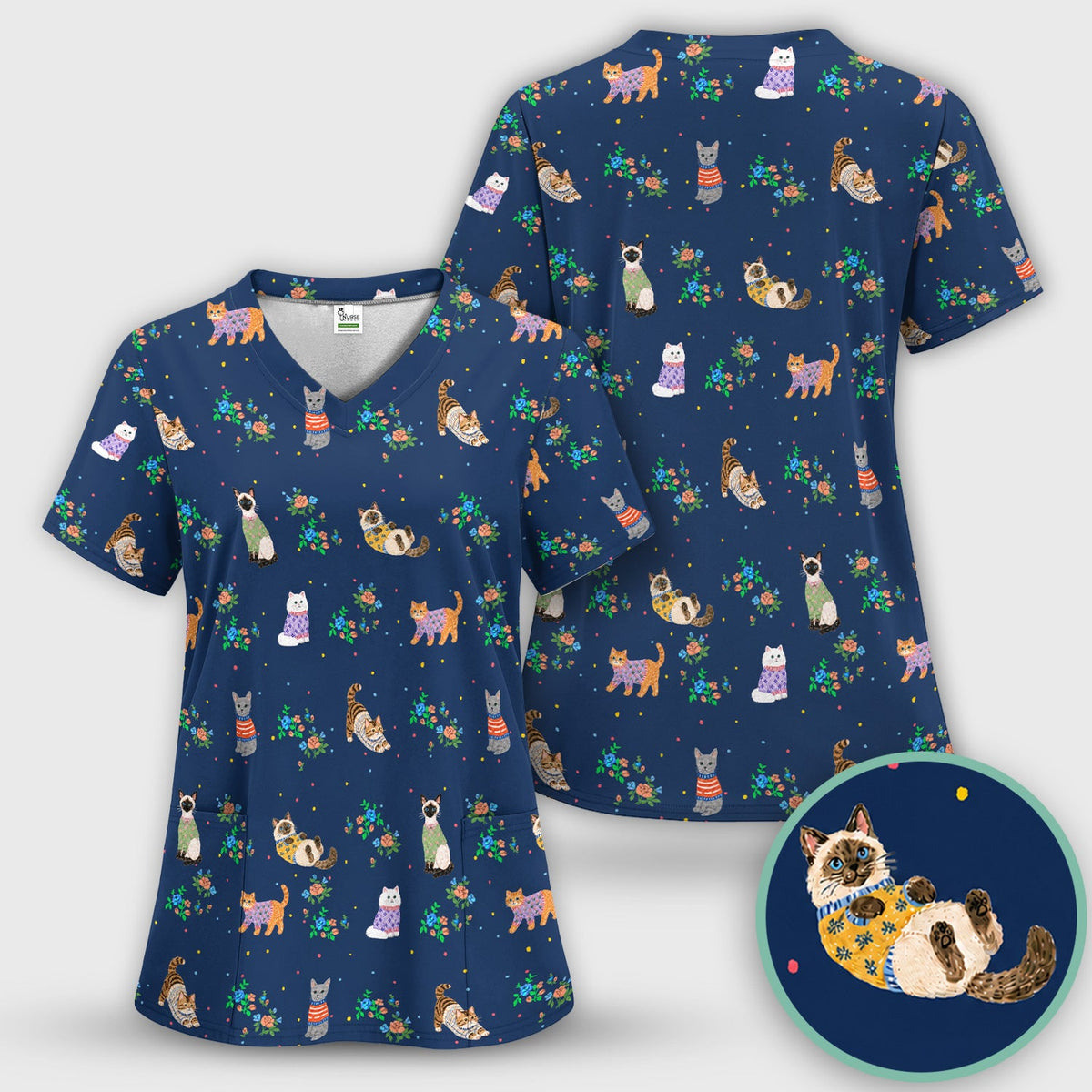 Cute Watercolor Cat Pattern Scrub Top, Comfortable Scrubs for Nurses