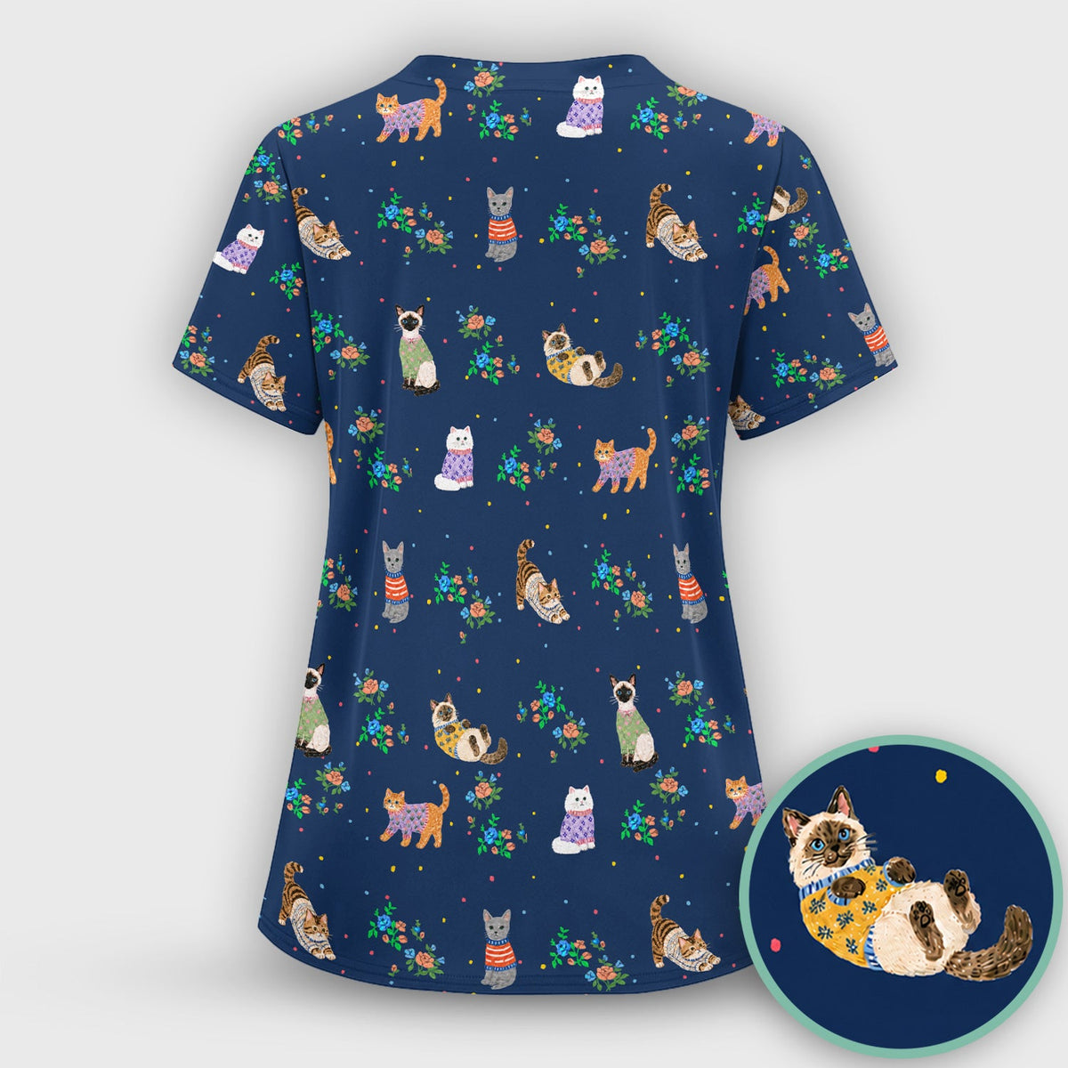 Cute Watercolor Cat Pattern Scrub Top, Comfortable Scrubs for Nurses