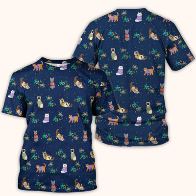 Cute Watercolor Cat Pattern Scrub Top, Comfortable Scrubs for Nurses