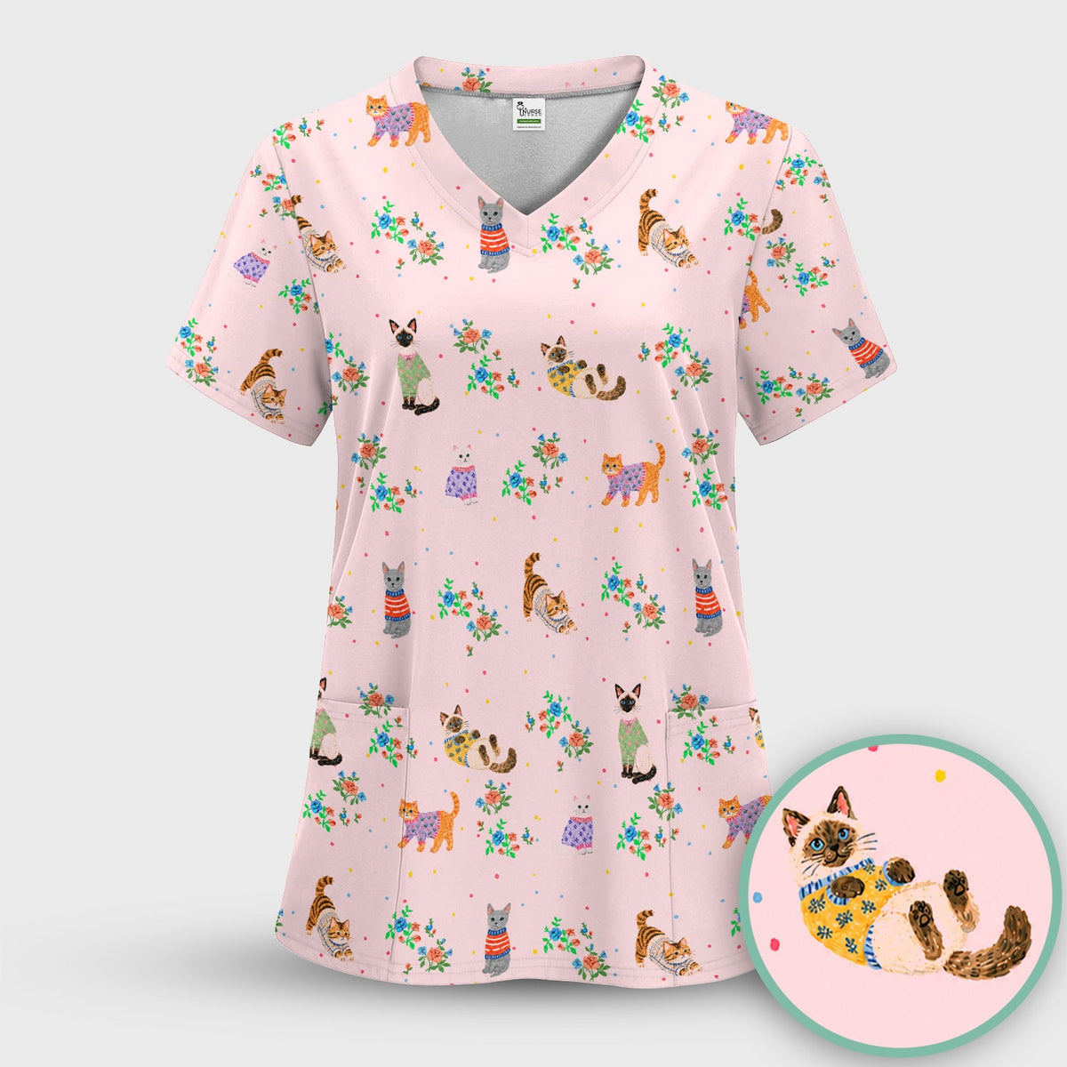 Cute Watercolor Cat Pattern Scrub Top, Comfortable Scrubs for Nurses