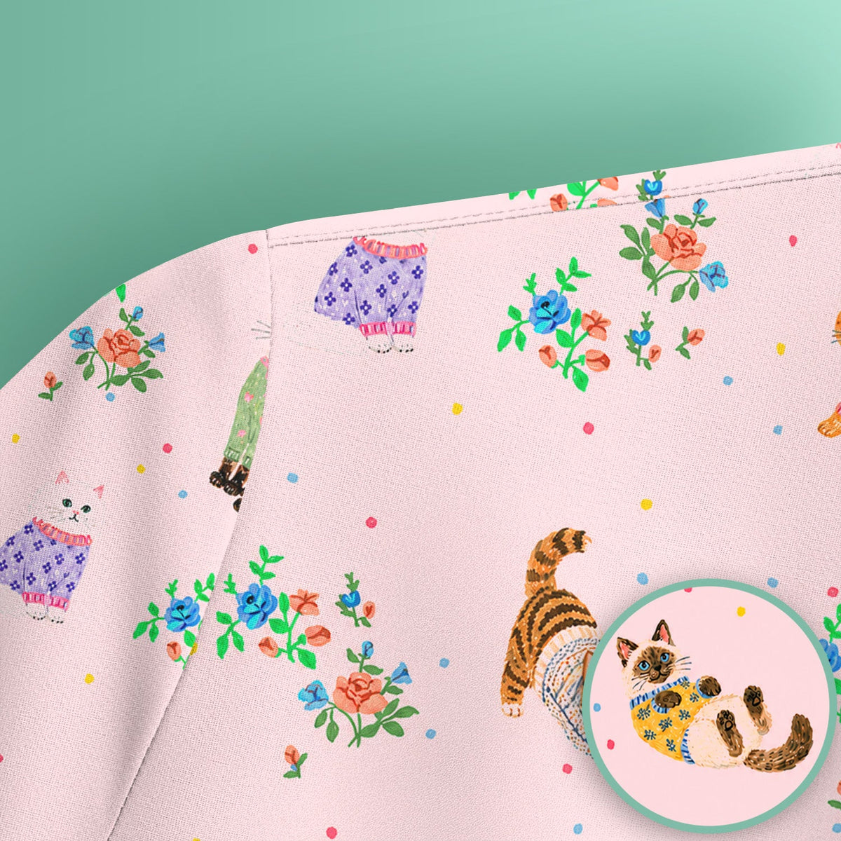 Cute Watercolor Cat Pattern Scrub Top, Comfortable Scrubs for Nurses