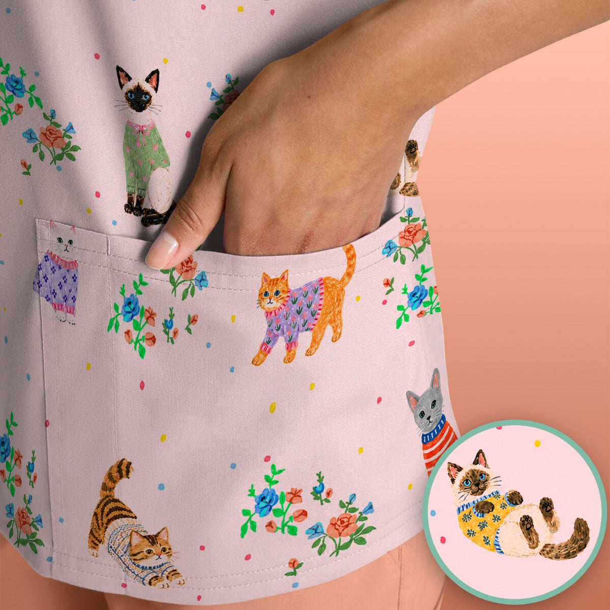 Cute Watercolor Cat Pattern Scrub Top, Comfortable Scrubs for Nurses