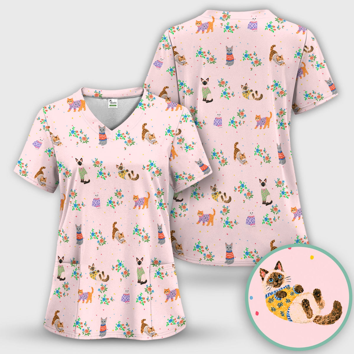 Cute Watercolor Cat Pattern Scrub Top, Comfortable Scrubs for Nurses