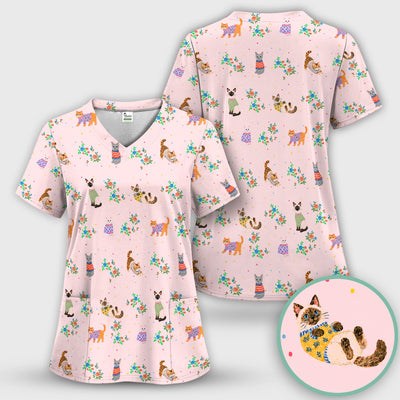 Cute Watercolor Cat Pattern Scrub Top, Comfortable Scrubs for Nurses