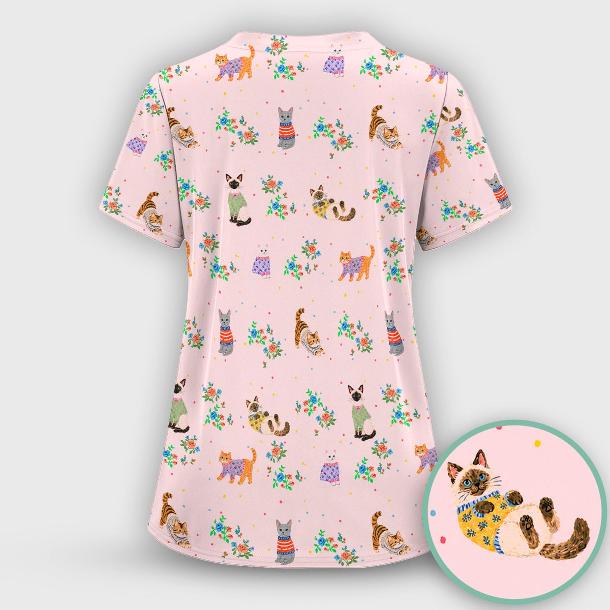 Cute Watercolor Cat Pattern Scrub Top, Comfortable Scrubs for Nurses