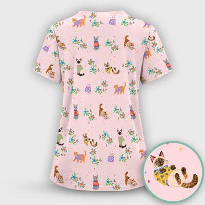 Cute Watercolor Cat Pattern Scrub Top, Comfortable Scrubs for Nurses