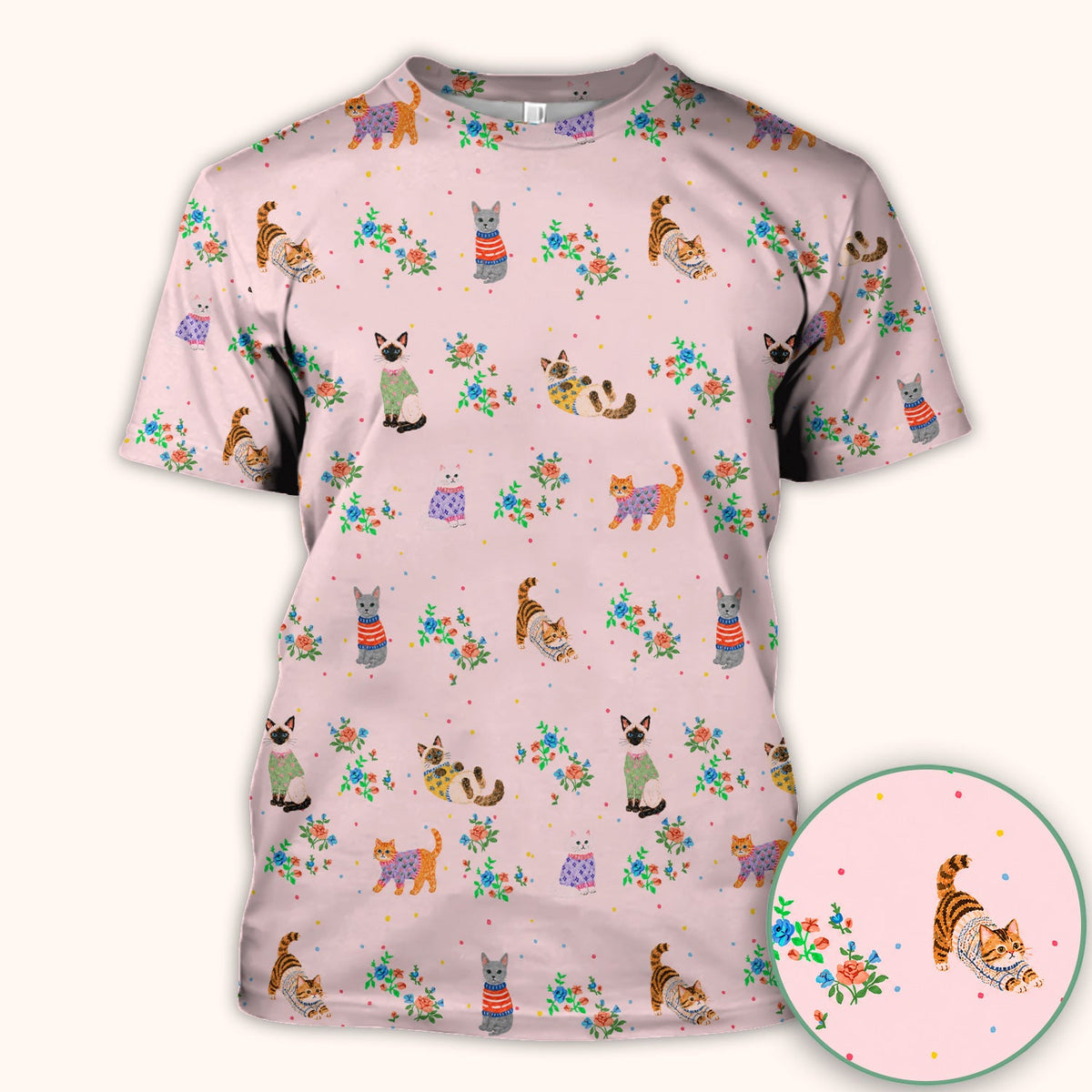 Cute Watercolor Cat Pattern Scrub Top, Comfortable Scrubs for Nurses