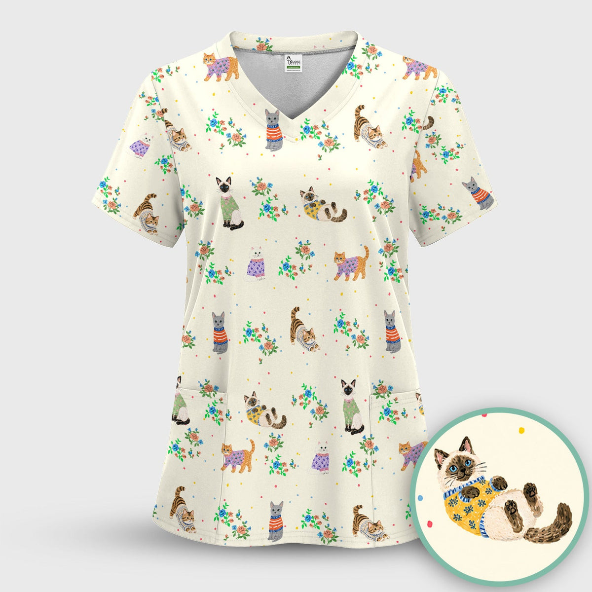 Cute Watercolor Cat Pattern Scrub Top, Comfortable Scrubs for Nurses