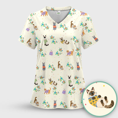 Cute Watercolor Cat Pattern Scrub Top, Comfortable Scrubs for Nurses
