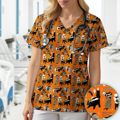 Halloween Wildlife with Skunk Raccoon Pattern Scrub Top, Comfortable Scrubs for Nurses