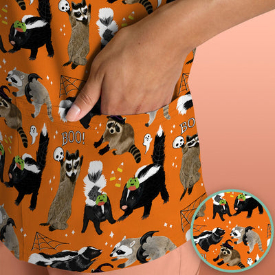 Halloween Wildlife with Skunk Raccoon Pattern Scrub Top, Comfortable Scrubs for Nurses