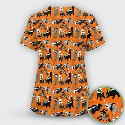 Halloween Wildlife with Skunk Raccoon Pattern Scrub Top, Comfortable Scrubs for Nurses