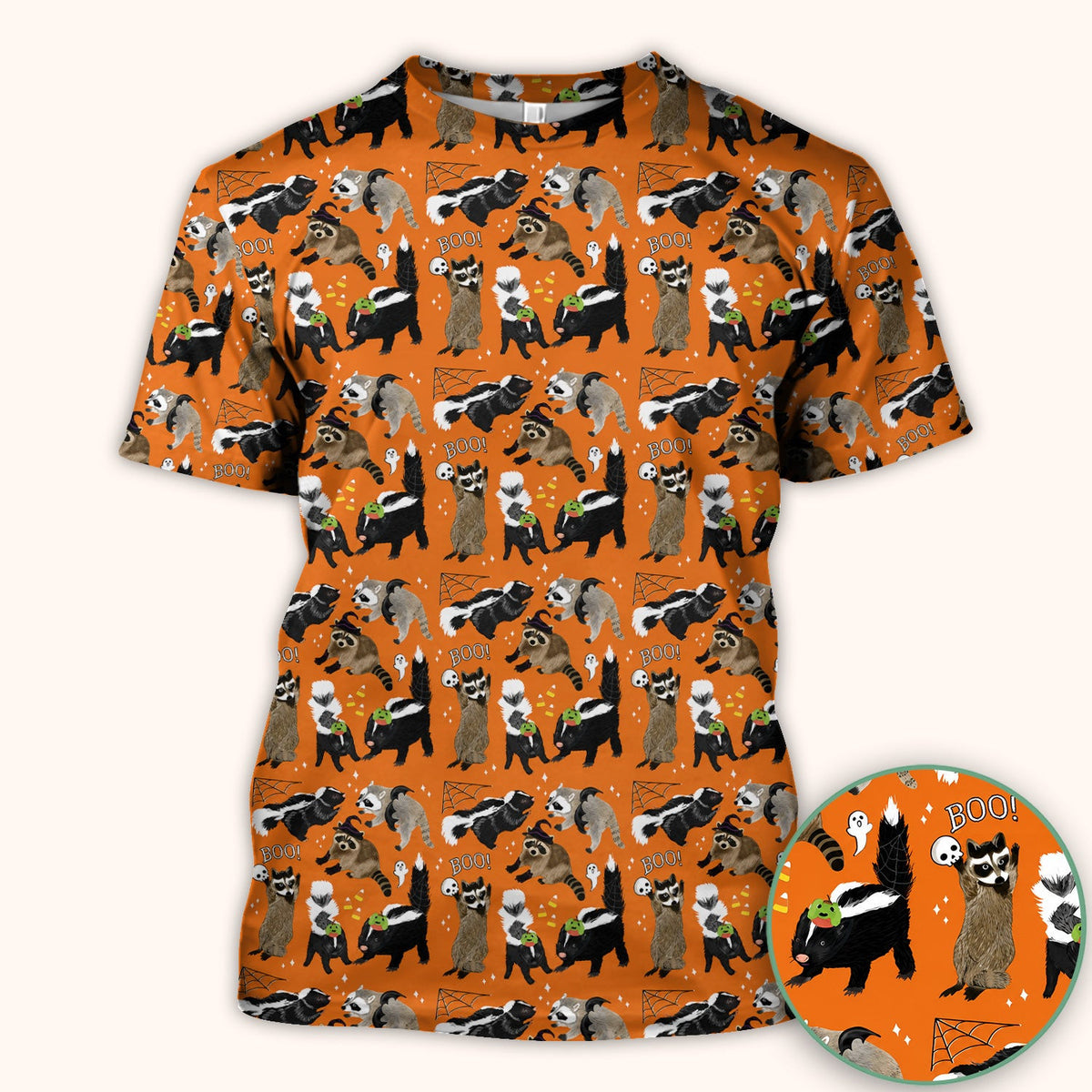 Halloween Wildlife with Skunk Raccoon Pattern Scrub Top, Comfortable Scrubs for Nurses