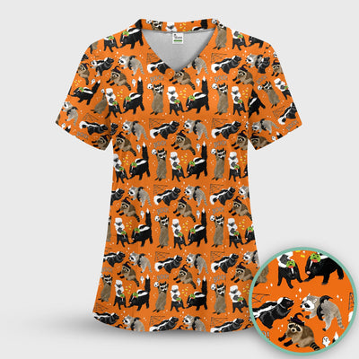 Halloween Wildlife with Skunk Raccoon Pattern Scrub Top, Comfortable Scrubs for Nurses