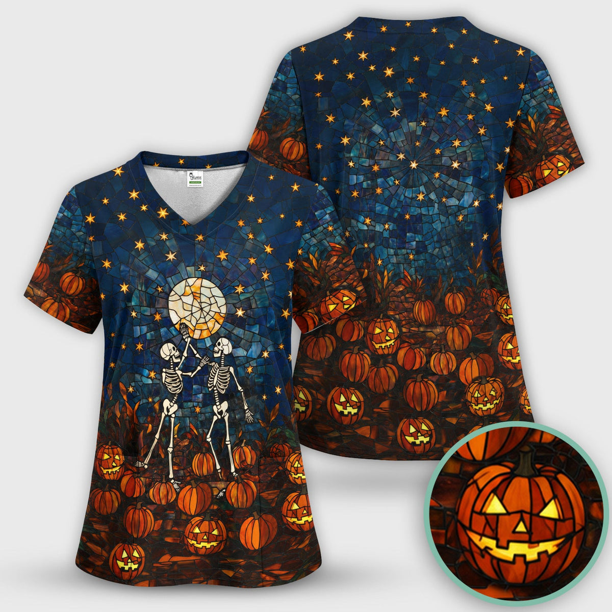 Halloween Skeleton Pumpkin Patch Scrub Top, Comfortable Scrubs for Nurses