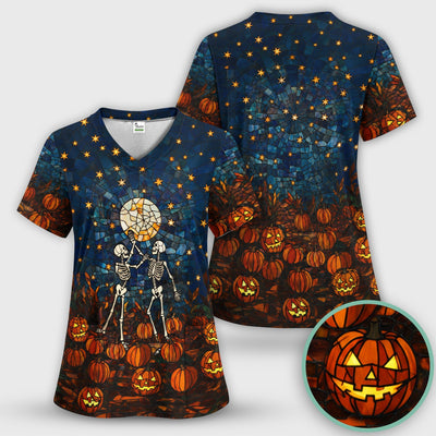 Halloween Skeleton Pumpkin Patch Scrub Top, Comfortable Scrubs for Nurses