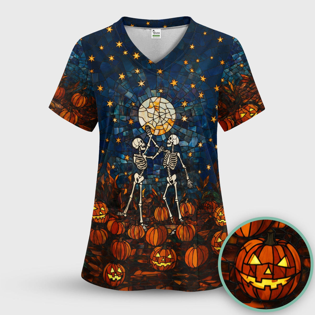 Halloween Skeleton Pumpkin Patch Scrub Top, Comfortable Scrubs for Nurses