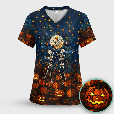 Halloween Skeleton Pumpkin Patch Scrub Top, Comfortable Scrubs for Nurses
