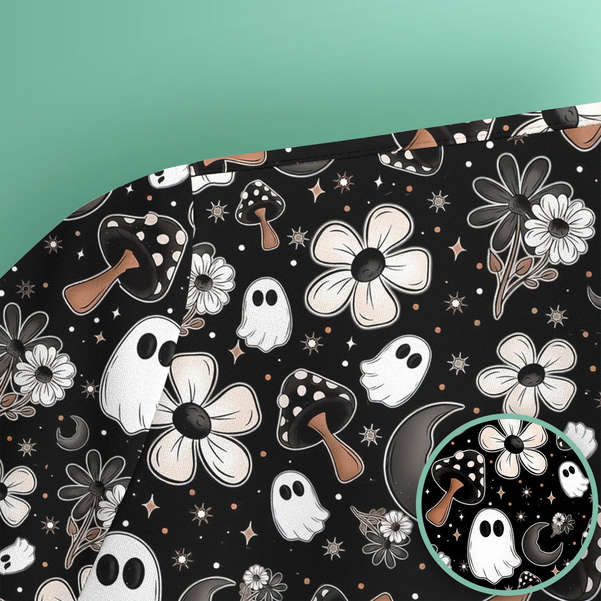Floral Mushroom Ghost Pattern Scrub Top, Comfortable Scrubs for Nurses