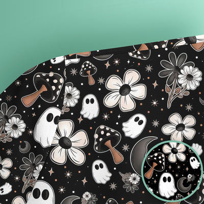 Floral Mushroom Ghost Pattern Scrub Top, Comfortable Scrubs for Nurses