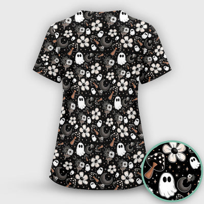 Floral Mushroom Ghost Pattern Scrub Top, Comfortable Scrubs for Nurses