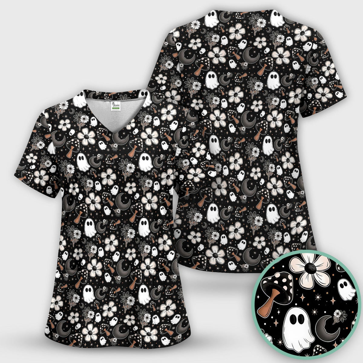 Floral Mushroom Ghost Pattern Scrub Top, Comfortable Scrubs for Nurses