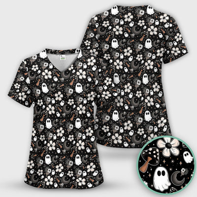 Floral Mushroom Ghost Pattern Scrub Top, Comfortable Scrubs for Nurses