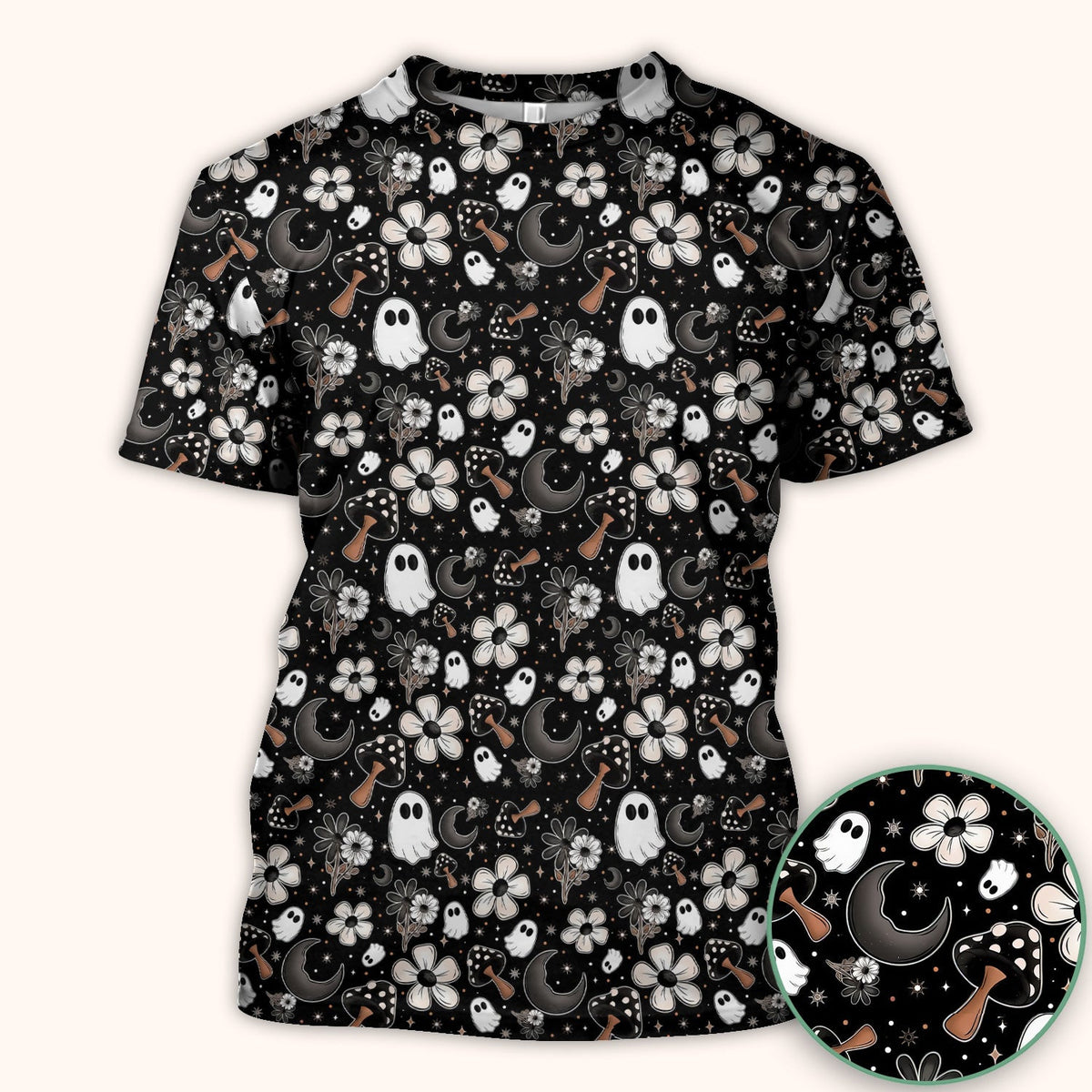 Floral Mushroom Ghost Pattern Scrub Top, Comfortable Scrubs for Nurses