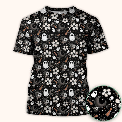 Floral Mushroom Ghost Pattern Scrub Top, Comfortable Scrubs for Nurses
