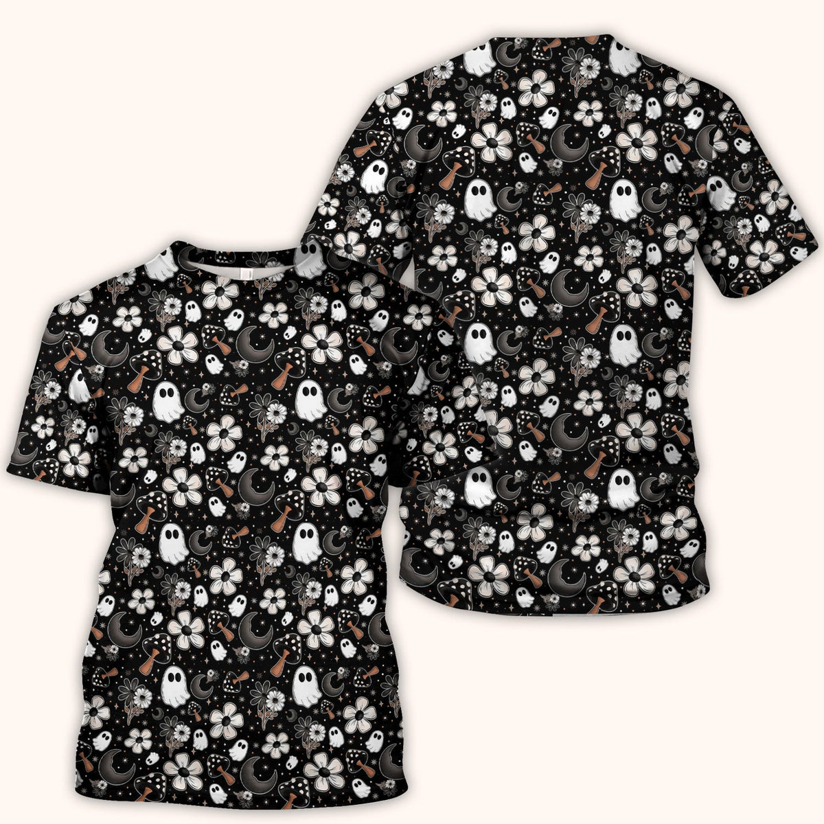 Floral Mushroom Ghost Pattern Scrub Top, Comfortable Scrubs for Nurses