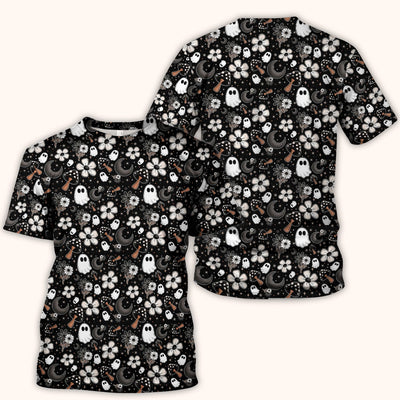 Floral Mushroom Ghost Pattern Scrub Top, Comfortable Scrubs for Nurses