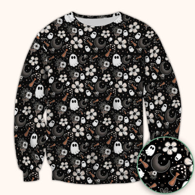 Floral Mushroom Ghost Pattern Scrub Top, Comfortable Scrubs for Nurses