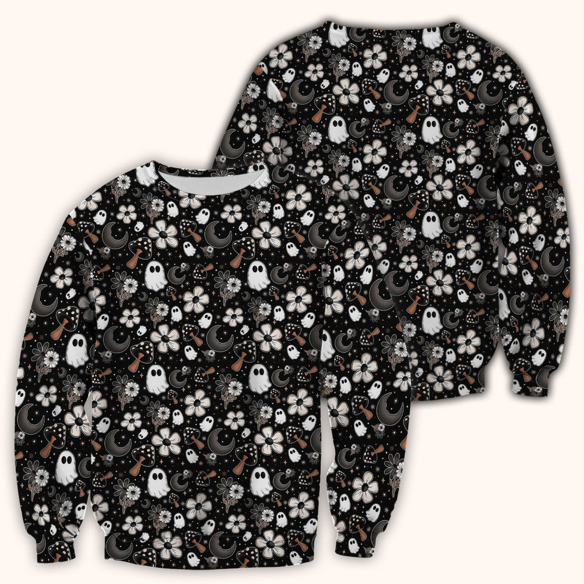 Floral Mushroom Ghost Pattern Scrub Top, Comfortable Scrubs for Nurses
