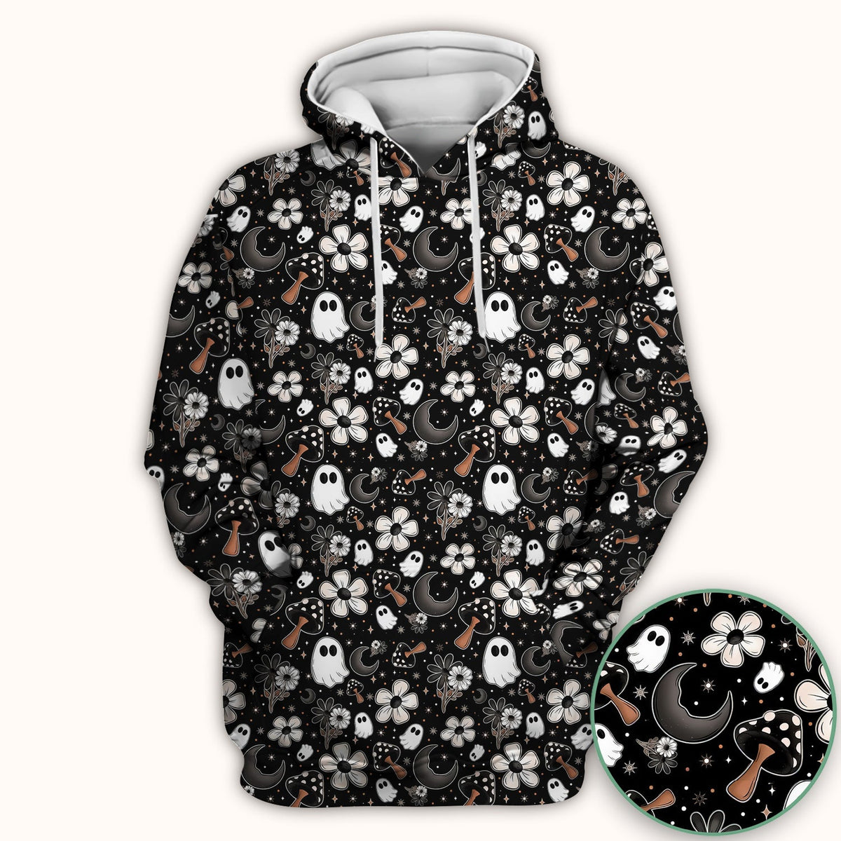 Floral Mushroom Ghost Pattern Scrub Top, Comfortable Scrubs for Nurses