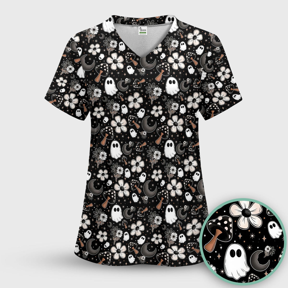 Floral Mushroom Ghost Pattern Scrub Top, Comfortable Scrubs for Nurses