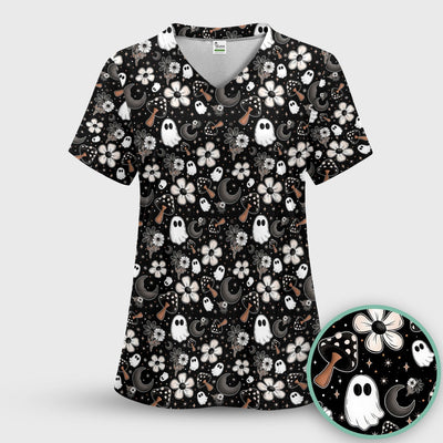 Floral Mushroom Ghost Pattern Scrub Top, Comfortable Scrubs for Nurses