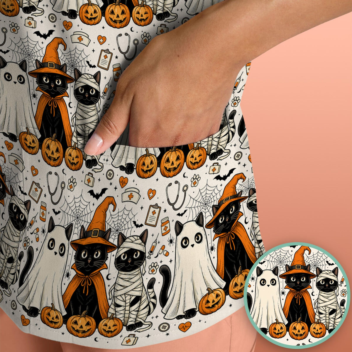Spooky Halloween Costume Cats Scrub Top, Comfortable Scrubs for Nurses