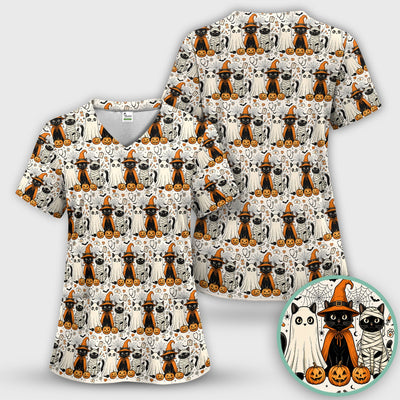 Spooky Halloween Costume Cats Scrub Top, Comfortable Scrubs for Nurses