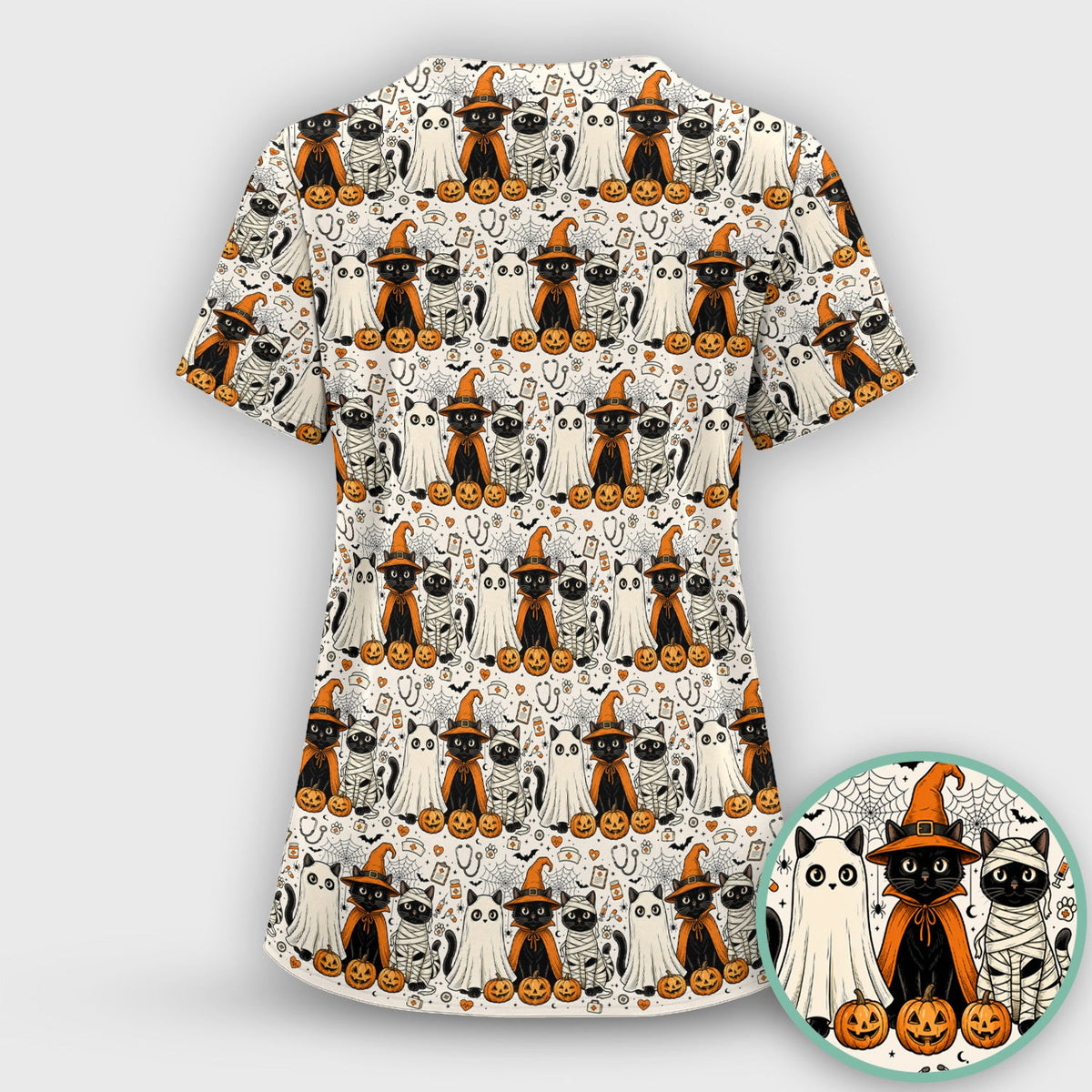 Spooky Halloween Costume Cats Scrub Top, Comfortable Scrubs for Nurses