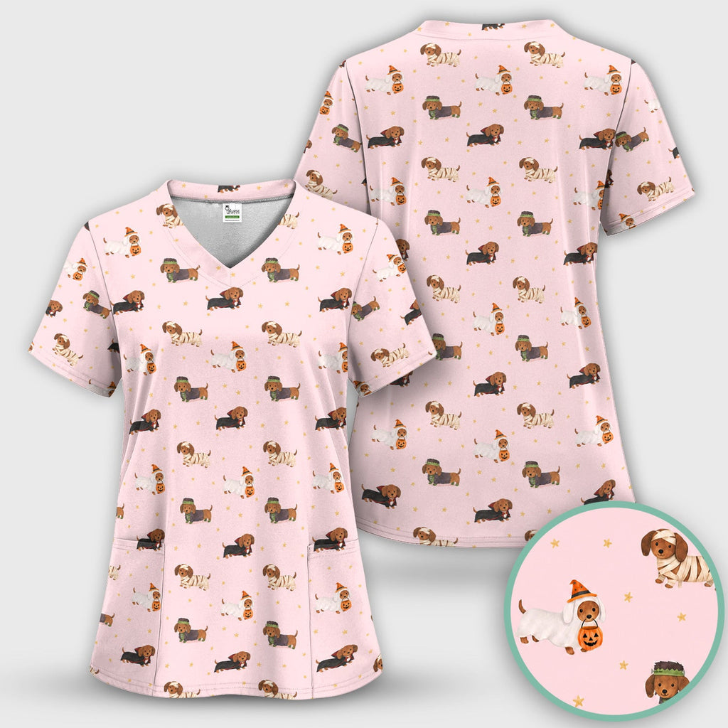 Halloween Mummy Dachshund Scrub Top, Comfortable Scrubs for Nurses