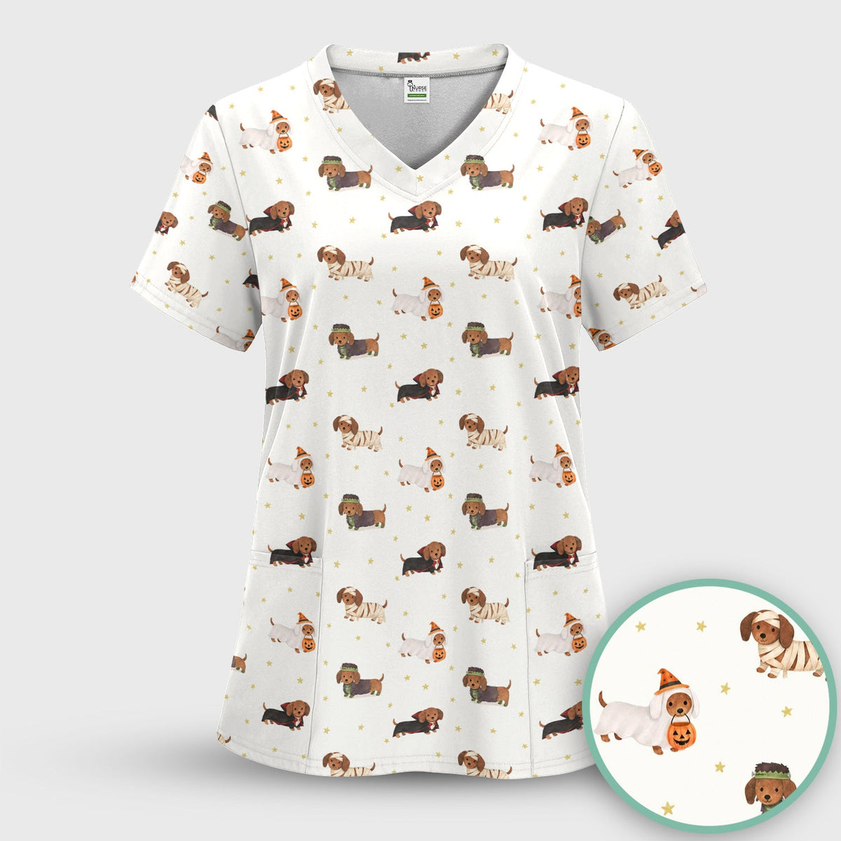 Halloween Mummy Dachshund Scrub Top, Comfortable Scrubs for Nurses