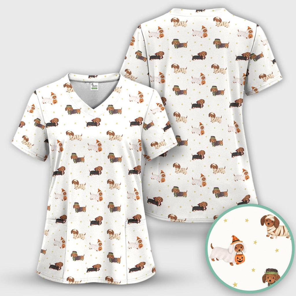 Halloween Mummy Dachshund Scrub Top, Comfortable Scrubs for Nurses