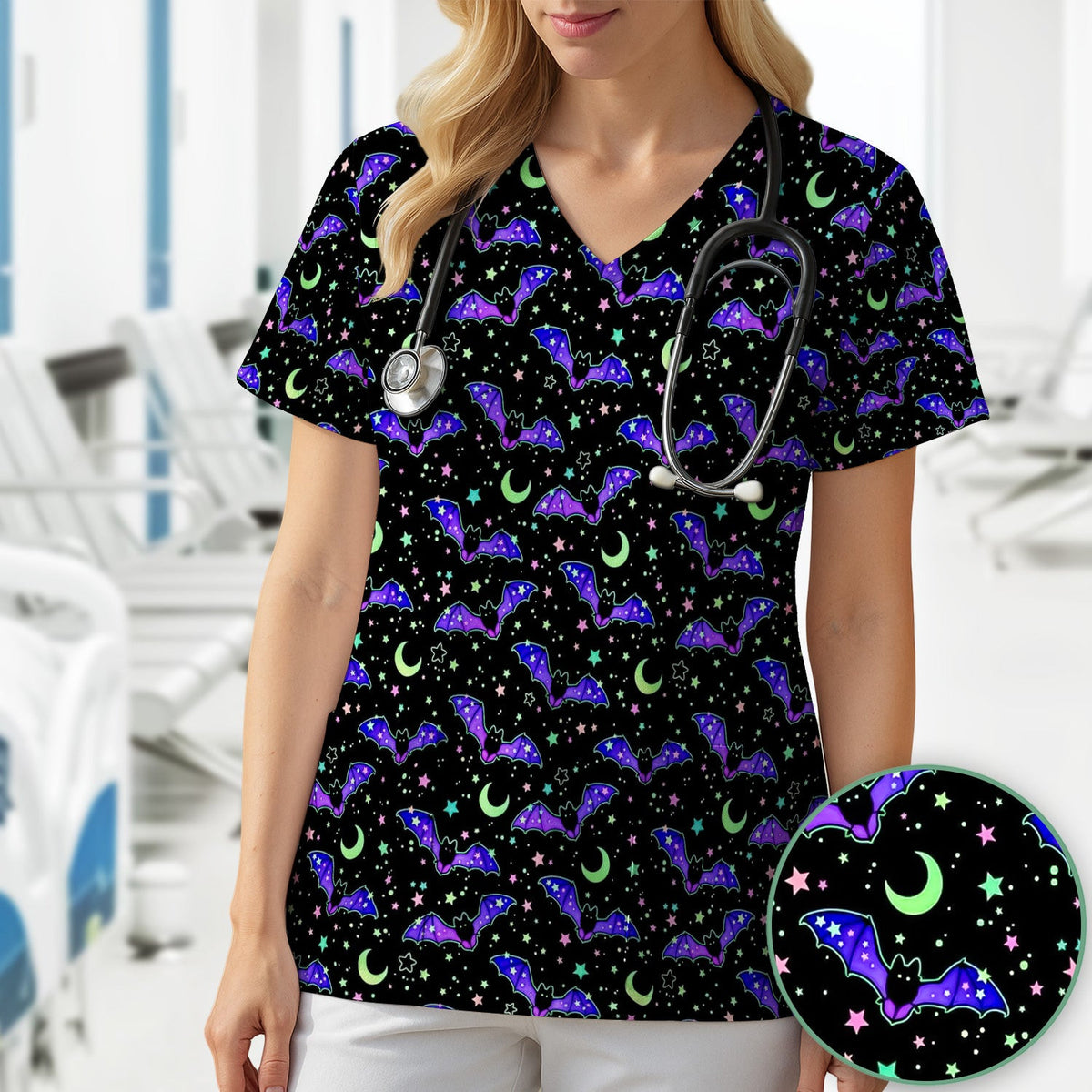 Spooky Halloween Celestial Bat Scrub Top, Comfortable Scrubs for Nurses
