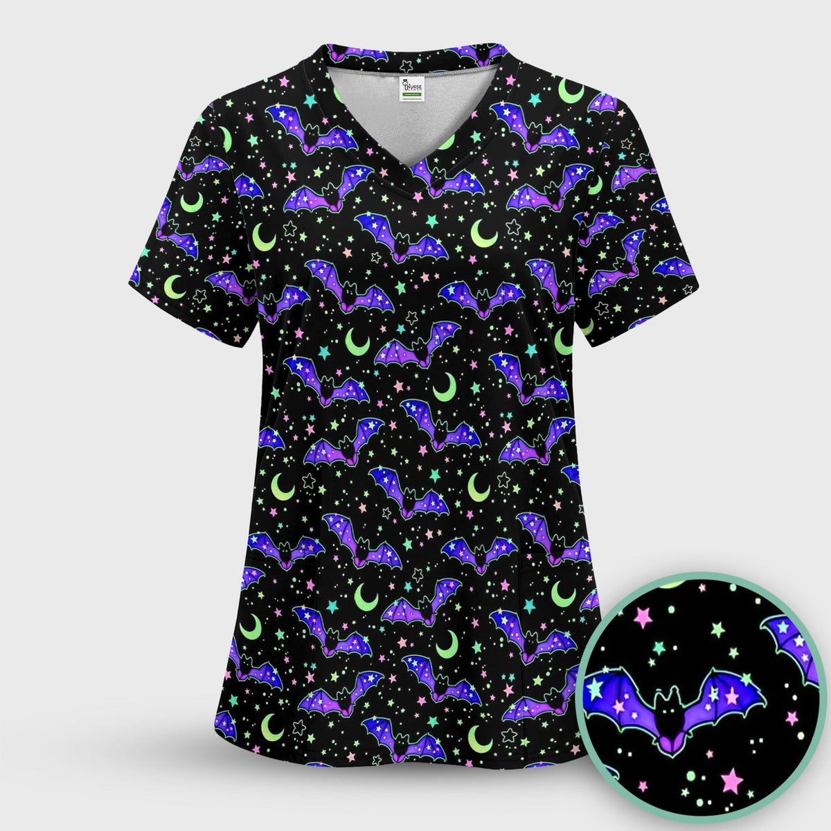 Spooky Halloween Celestial Bat Scrub Top, Comfortable Scrubs for Nurses