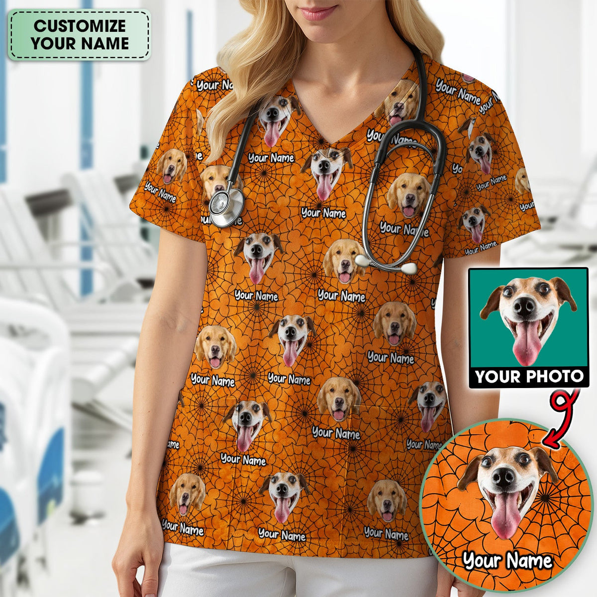 Personalized Halloween Dog Photo Spiderweb Scrub Top, Comfortable Scrubs for Nurses