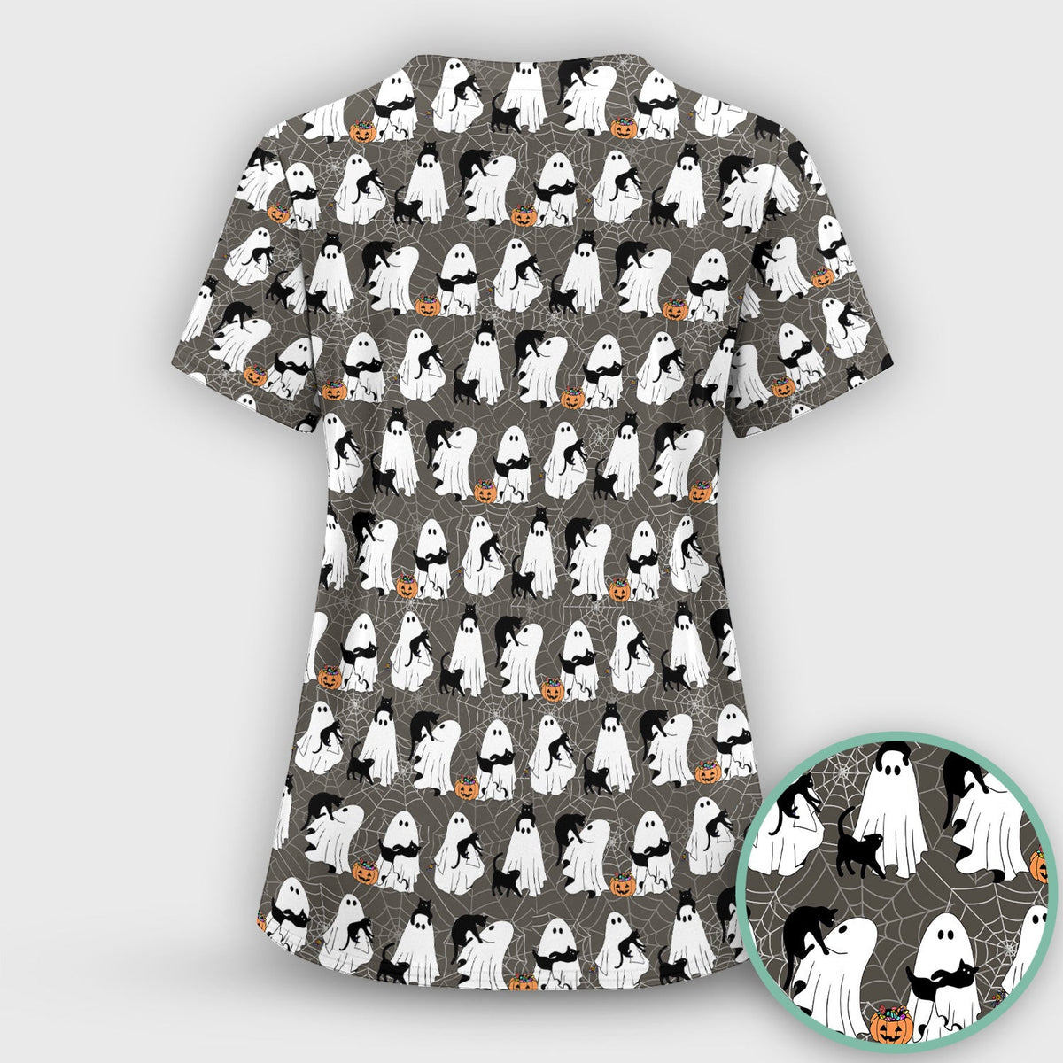 Black Cat and Ghost Print Scrub Top, Comfortable Scrubs for Nurses
