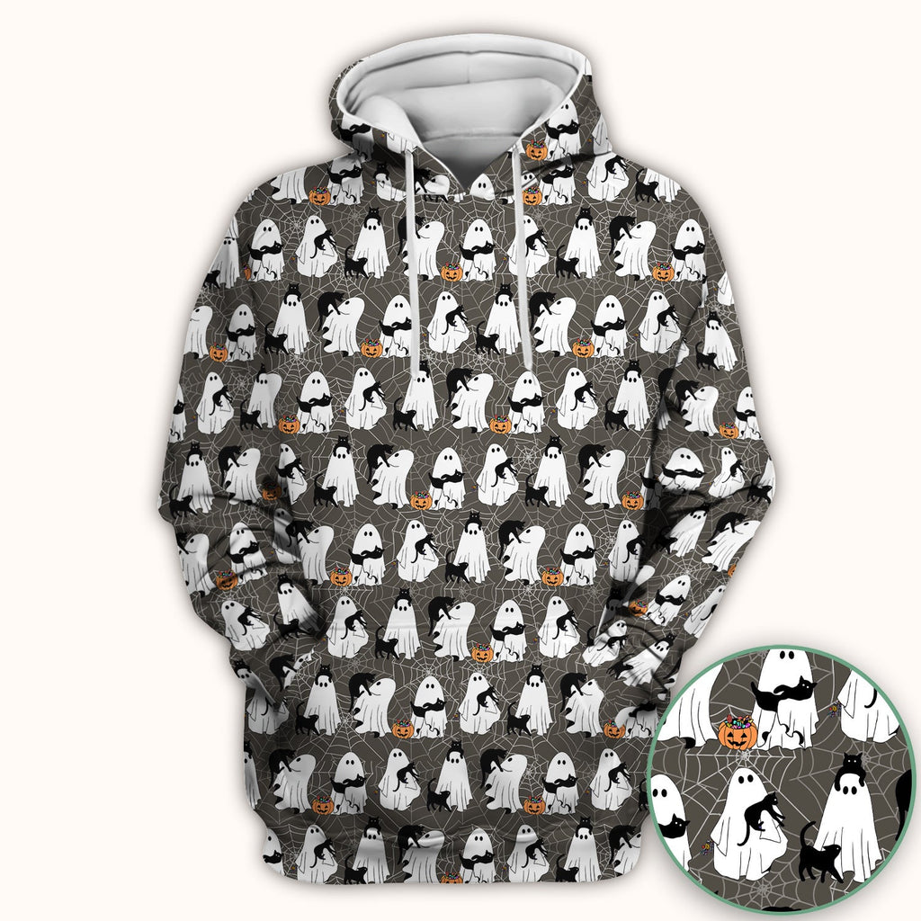 Black Cat and Ghost Print Scrub Top, Comfortable Scrubs for Nurses