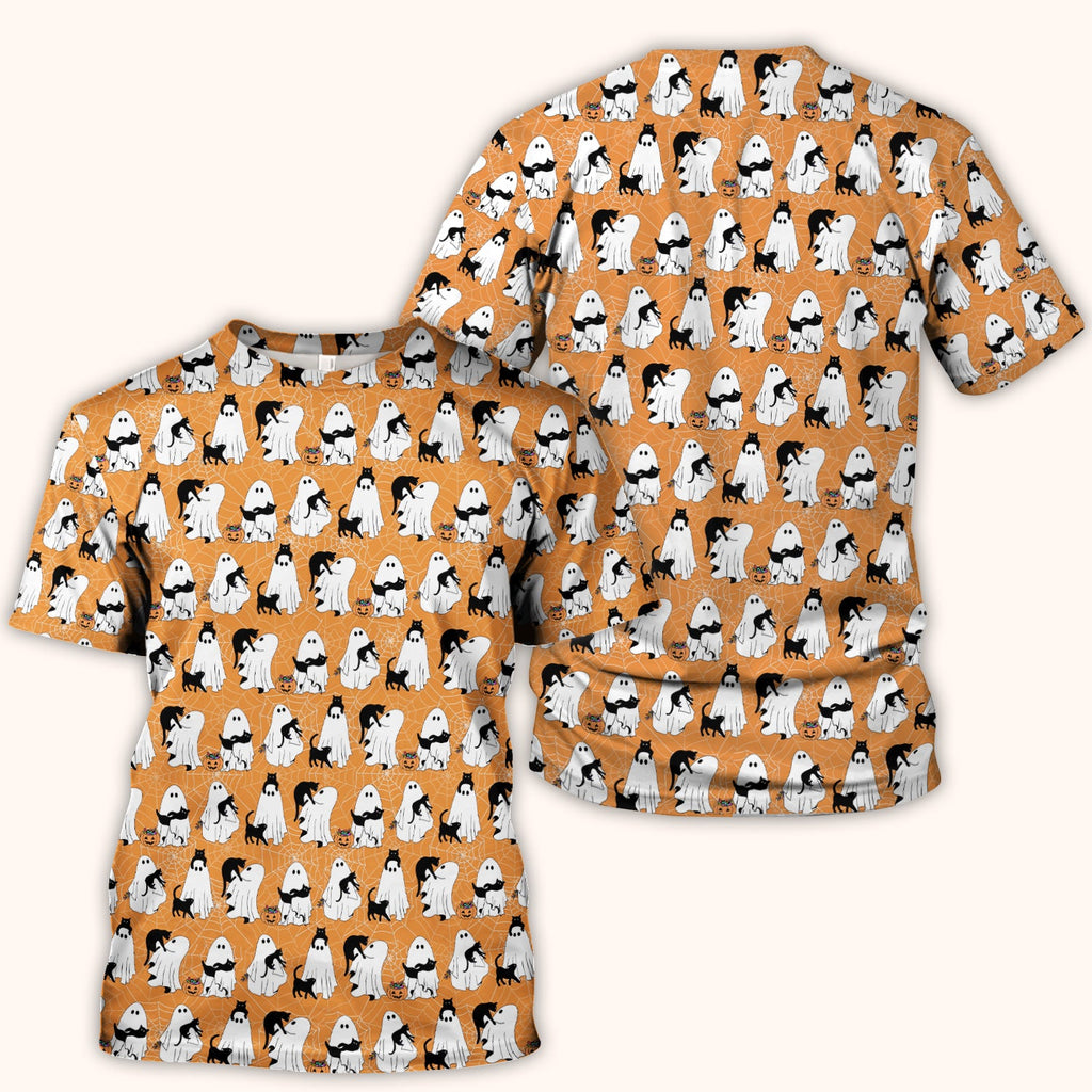Black Cat and Ghost Print Scrub Top, Comfortable Scrubs for Nurses