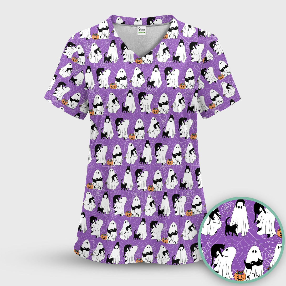 Black Cat and Ghost Print Scrub Top, Comfortable Scrubs for Nurses